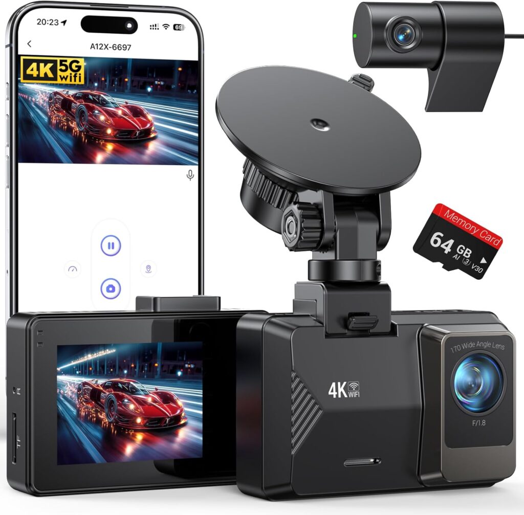 Dash Cam Front Rear, 4K/1080P Dual Channel Dash Cams with 64GB Card, Dash Camera for Cars with 5GHz WiFi, APP Control,2.0″ IPS Screen,Night Vision,G-Sensor,170°Wide Angle,Parking Mode,Loop Recording