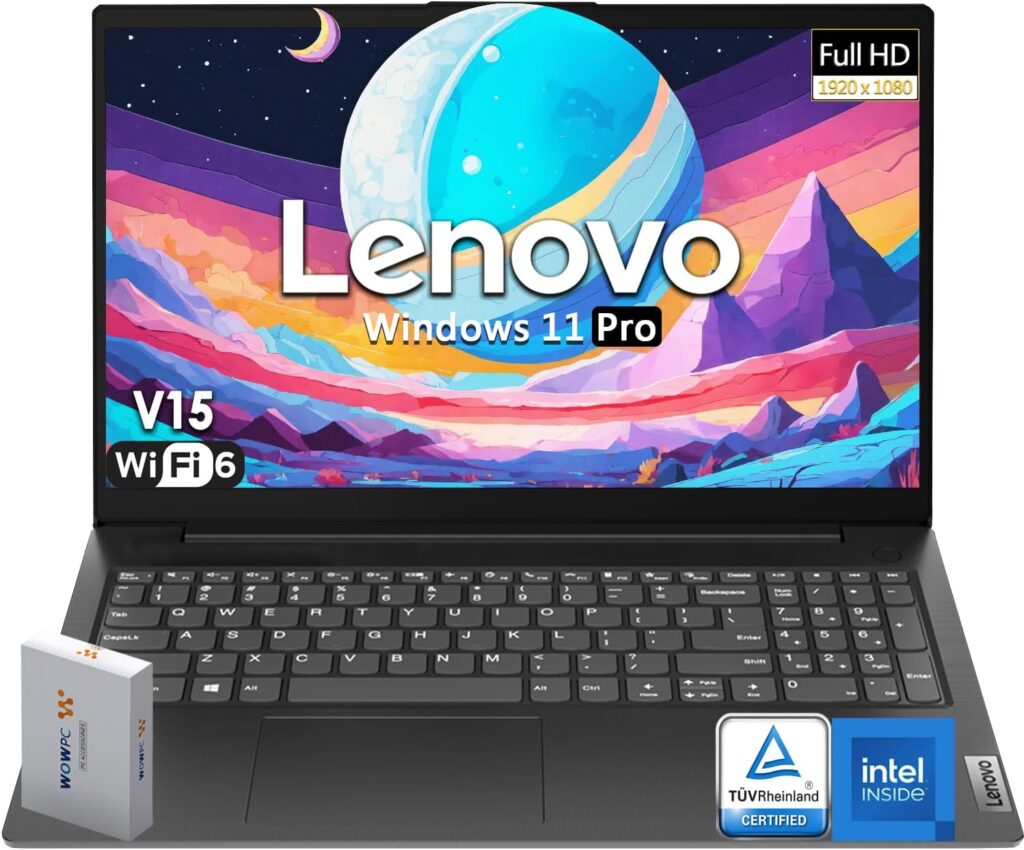 Lenovo V15 Laptop, Intel Celeron N4500 Processor, 15.6″ FHD 1920×1080 Anti-Glare LED Display, 16GB RAM, 256GB PCIe SSD, Ethernet Port RJ-45, WiFi 6 & Bluetooth 5.2, Windows 11 Pro, WOWPC Recovery USB