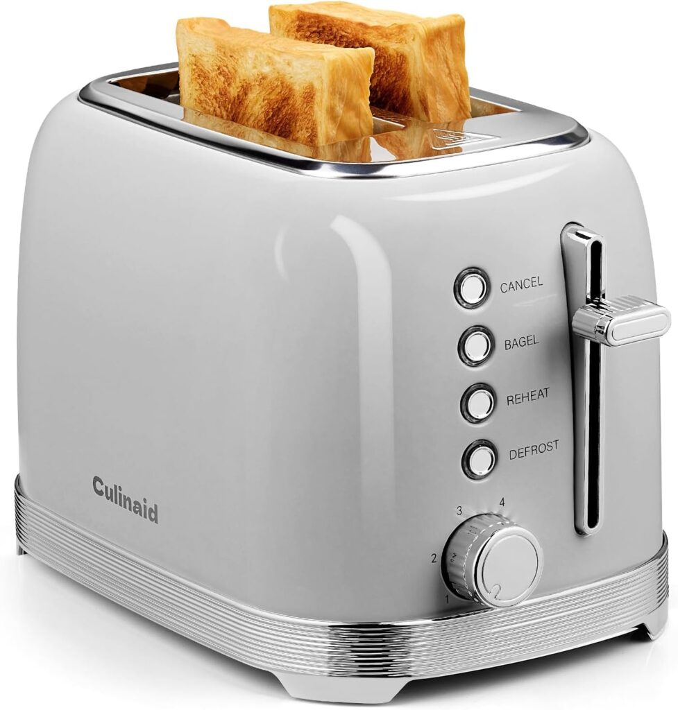 Toaster 2 Slice Retro Stainless Steel with 1.5” Extra Wide Slots Bagel, Defrost, Reheat, Cancel Functions, 6 Bread Shade Settings, Removable Crumb Tray, Gray