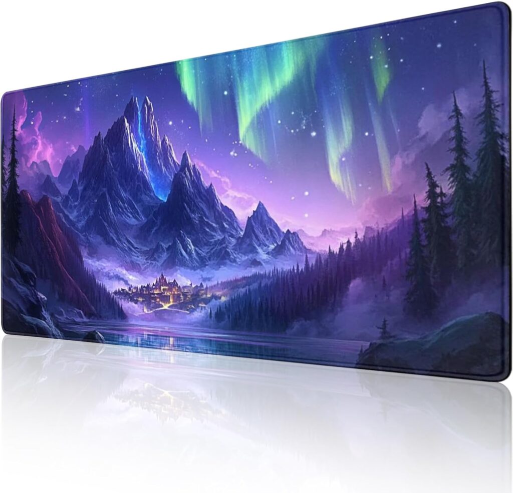 Extended Mouse Pad Large Gaming Mouse Pads – Aurora Painting Northern Lights Mountains Stars Desk Pad Computer Desk Mat Non-Slip Mousepad for Game Players, Office, Study (48″ x 24″)