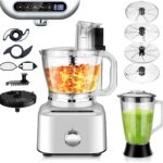 Homtone 16 Cup Food Processor, Large 11-in-1 Heavy Duty Food Processors and Blender Combo- 5 Preset Modes for Chopping,Shredding, Slicing, Kneading, Blending, Stepless Speed Control, 650W, Silver