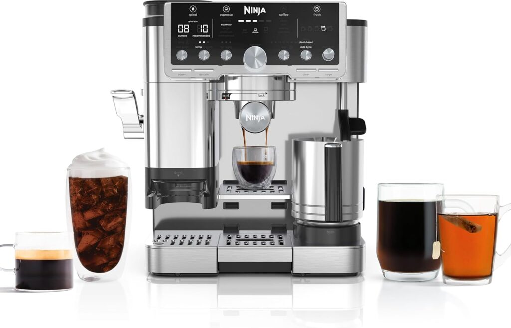 Ninja Luxe Café Pro Series, Espresso Machine, Drip Coffee, Cold Brew, Hot Water, Integrated Tamper, Built-in Grinder, Hands-Free Frother for Cappuccinos, Lattes, Americanos, Dairy or Non-Dairy, ES701