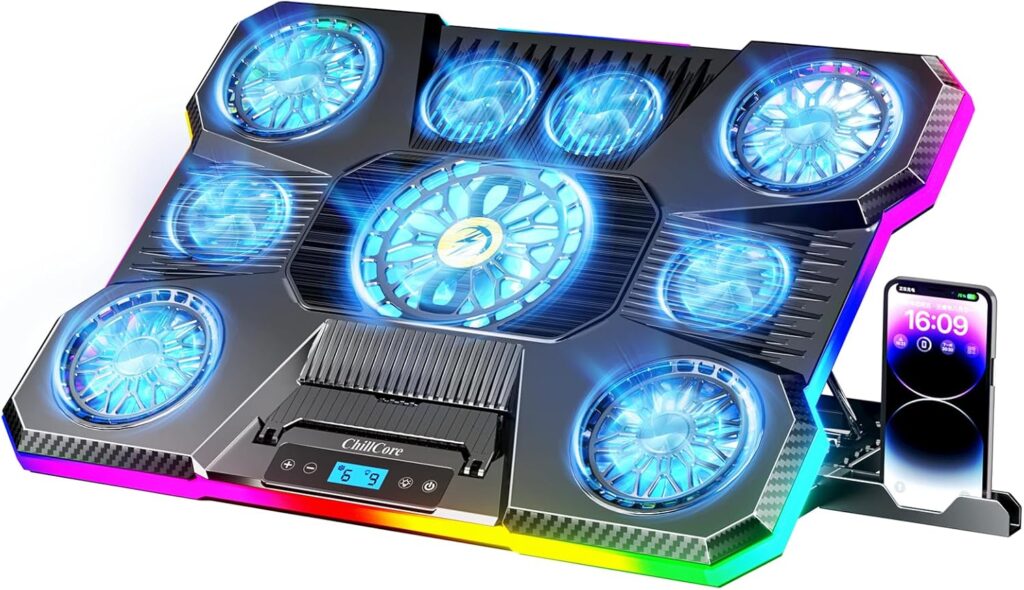 ChillCore Laptop Cooling Pad, RGB Lights Laptop Cooler 9 Fans for 15.6-19.3 Inch Laptops, Gaming Laptop Fan Cooling Pad with 8 Height Stands, 2 USB Ports – A21 Blue