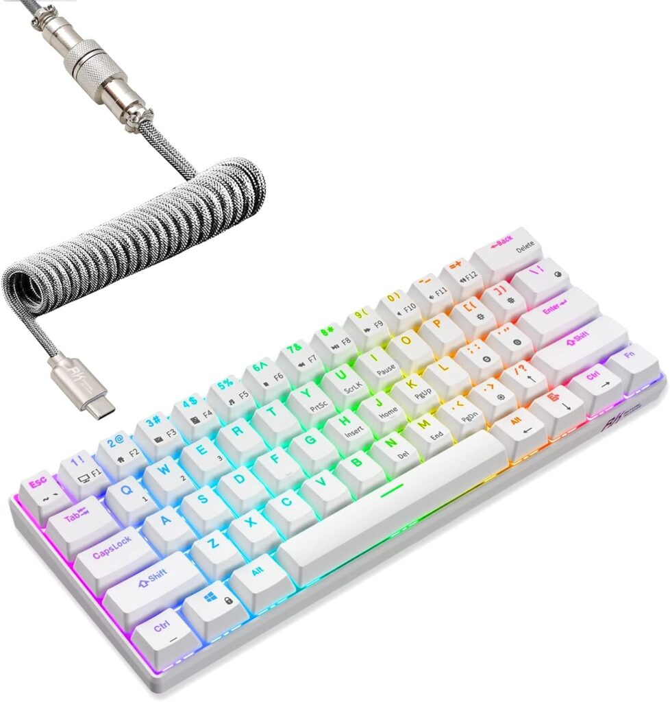 RK ROYAL KLUDGE RK61 60% Mechanical Keyboard with Coiled Cable, 2.4Ghz/Bluetooth/Wired, Wireless Bluetooth Mini Keyboard 61 Keys, RGB Hot Swappable Red Switch Gaming Keyboard with Software – White