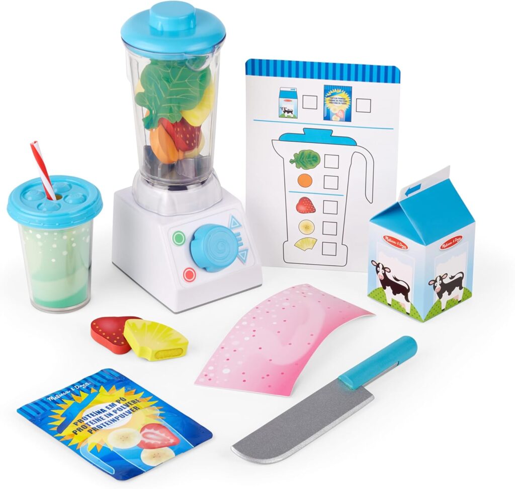 Melissa & Doug Smoothie Maker, Working Pretend Play Blender Set with Toy Food & Play Kitchen Accessories, Preschool Learning Toys for Girls & Boys 3+