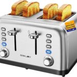Toaster 4 Slice, Dual Independent Controls, Extra Wide Slot Toasters for Bagel, Bread, Waffles, 7 Shade Settings, 4 Main Functions, Removable Crumb Tray, 1500 Watts, Brushed Stainless Steel