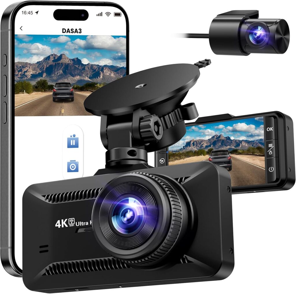 Dash Cam Front and Rear 4K/1080P Full HD, Dash Camera for Cars with 32GB Card, Built in WiFi with APP, Dual Dash Cam 3.94″ IPS Screen, G-Sensor, Loop Recording, WDR, Parking Mode