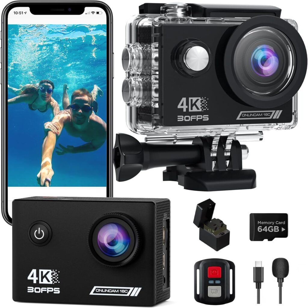 Action Camera 4K30fps with 64G SD Card,HD Waterproof Camera 131ft Underwater Cameras 20MP Pre-Recording WiFi Camera 170° Remote Control Sports Cameras with 2 Batteries Helmet Mount Accessories Kits