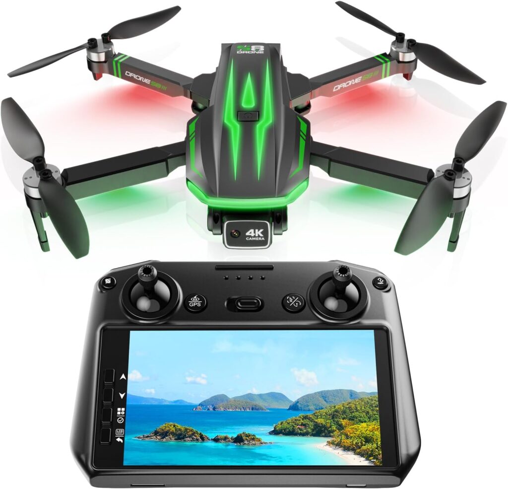 S8 GPS Drones with 4K Camera for Adults Beginners,5 inch HD LCD Screen on Controller,FPV Foldable RC Quadcopter with Follow Me,60 Mins Long Flight Time,Brushless Motor,Auto Return for Kids,Under 249g