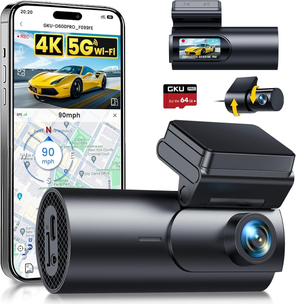 GKU Dash Cam Front and Rear Camera,4K+1080P, 5.8GHz WiFi & GPS Dash Camera for Cars,with 64G SDcard,1.47″ Display Dashcam, 24HParking Mode,App Control,Super Night Vision,WDR,Support Max 256GB