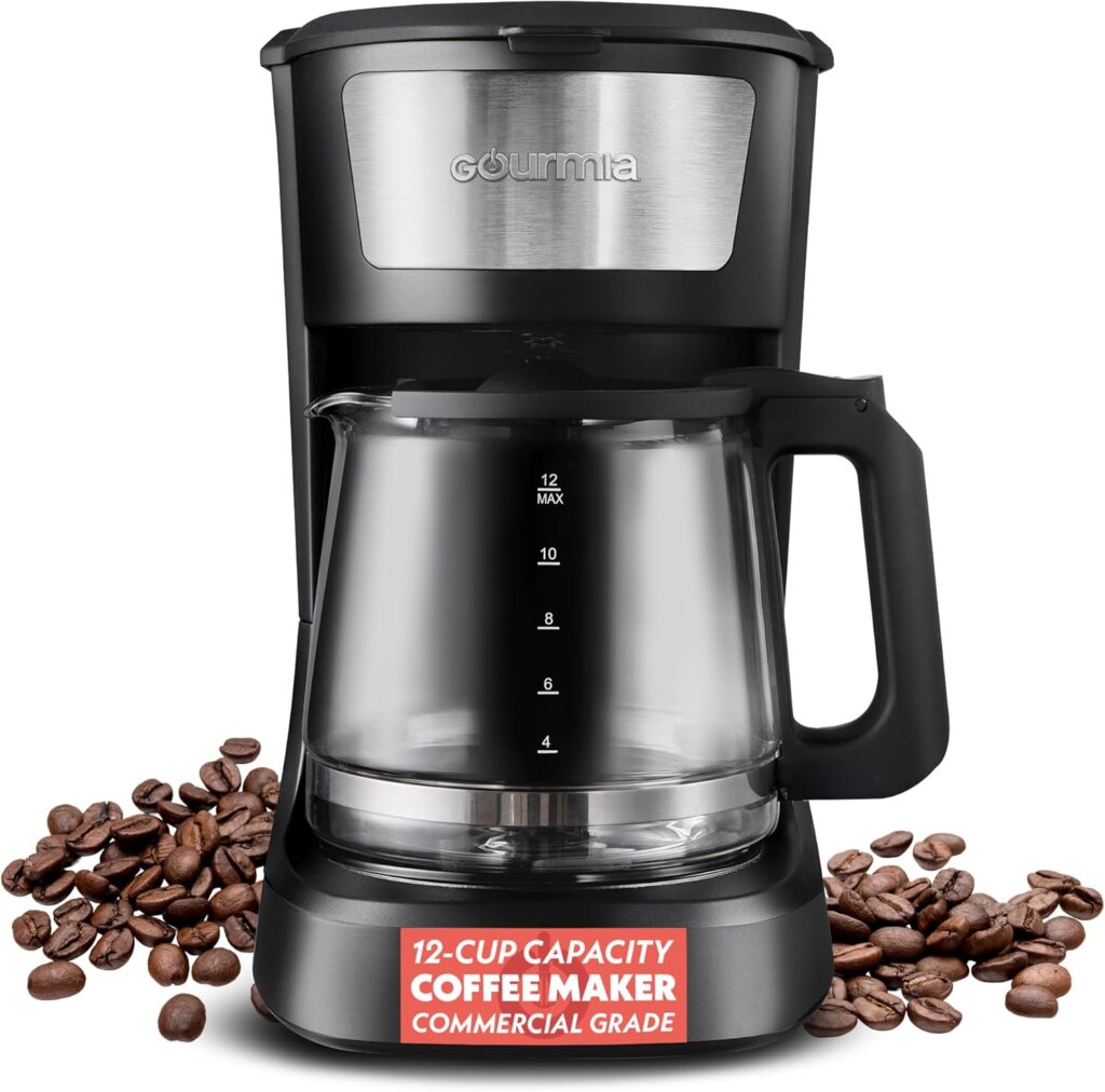 Gourmia Drip Coffee Maker – 12 Cup, One-Touch Operation, Pause & Serve, Automatic Keep Warm, Easy View Water Window, Compact Design, Stainless Steel Accents, Black
