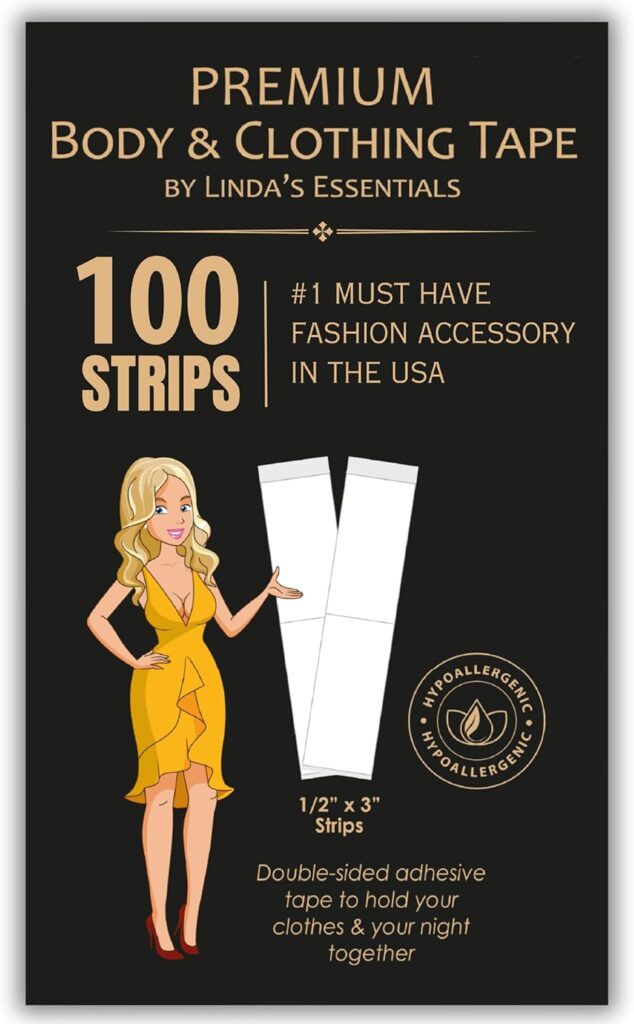 Linda’s Essentials Double Sided Tape for Clothes, Body and Fashion (100 Pack) | Clothing and Hem Tape for Women, No Sew No Iron, Fabric Adhesive, Strong Clear Body Adhesive for Skin