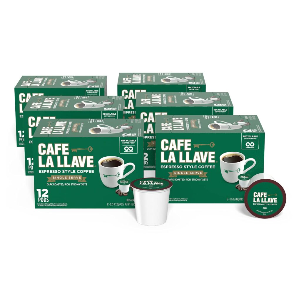 Cafe La Llave Espresso-Style Dark Roast Coffee Pods for Keurig K-Cup Brewers – Bold, Rich Flavor – 72 Count Single Serve Recyclable Capsules- Family Crafted