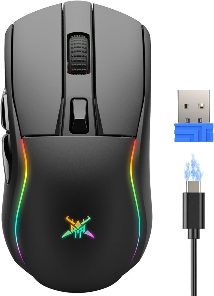 TECKNET Tri-Mode Wireless Gaming Mouse, RGB Backlit Bluetooth 5.0/2.4G/USB-C Rechargeable Ergonomic Mouse with 6 Programmable Buttons, 24000 DPI, 1000Hz Polling Rate, for PC Laptop Mac Gamer