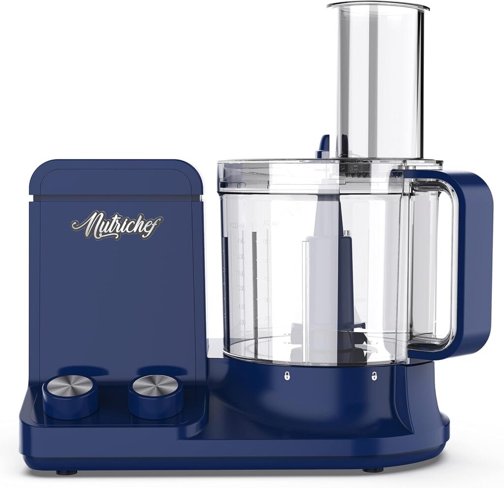NutriChef Food Processor 2 Liter Capacity – Multipurpose & Ultra Quiet Motor – Includes 6 Attachment Blades & Silicone Feet to Prevent Slippage -12 Cup Capacity- Pre-Set Speed For Easy Use, Royal Blue