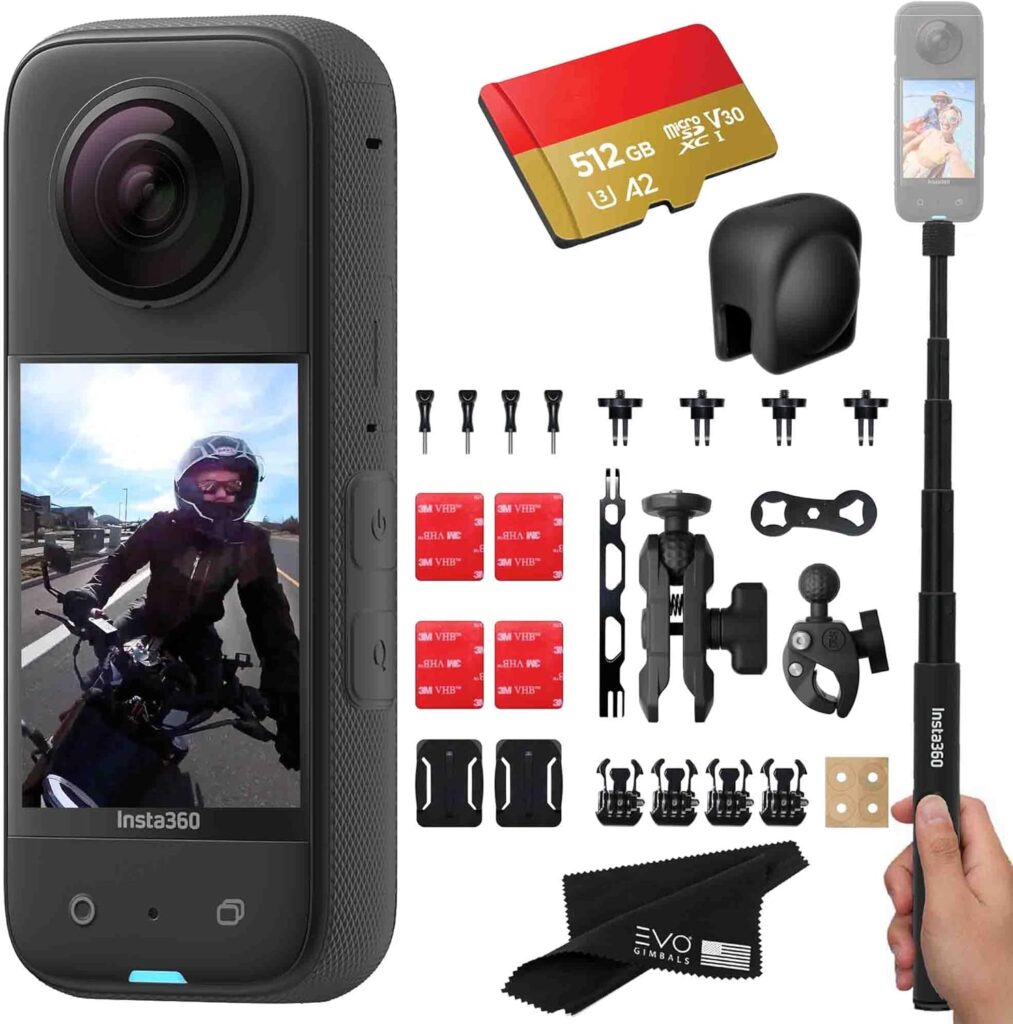 Insta360 X3 Motorcycle Bundle- Waterproof 360 Action Camera with 1/2″ 48MP Sensors, 5.7K 360 HDR Video, 72MP 360 Photo, 2.29″ Touchscreen|Includes Motorcycle Bundle, Selfie Stick, Lens Cap&512GB