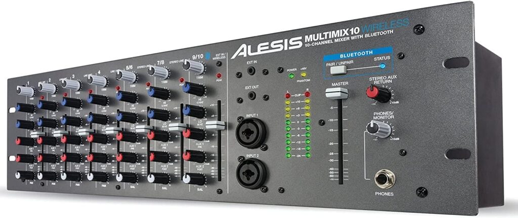 Alesis MultiMix 10 Wireless – 10-Channel Rackmount Audio Mixer With Bluetooth, 4 Jack / XLR High-Headroom Inputs, 2 Band EQ per Channel & Aux Sends