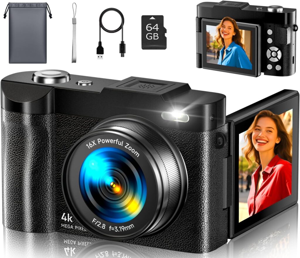4K Digital Camera for Photography- 50MP Autofocus Vlogging Camera with 2.8″ 180° Flip Screen, 16X Digital Zoom- Compact Point and Shoot Camera with 64GB SD for YouTube, Travel, Beginners