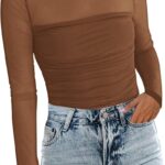 Zeagoo Long Sleeve Shirts for Women Sheer Mesh Sexy Blouses Fall Fashion Crewneck Going Out Tops