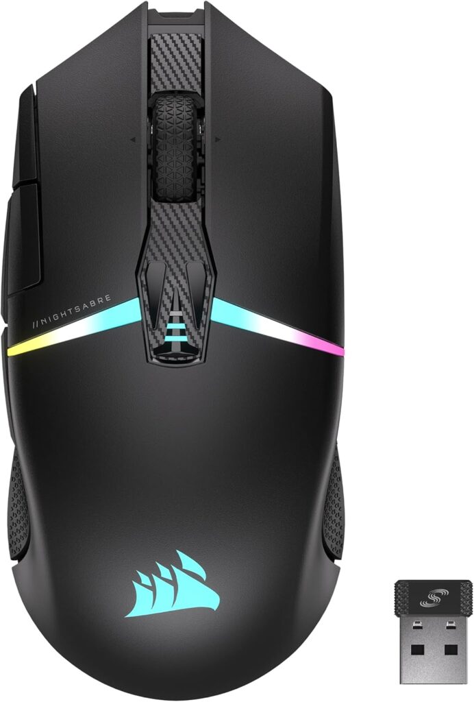 Corsair NIGHTSABRE RGB Wireless Gaming Mouse for FPS, MOBA – 26,000 DPI – 11 Programmable Buttons – Up to 100hrs Battery – iCUE Compatible – Black