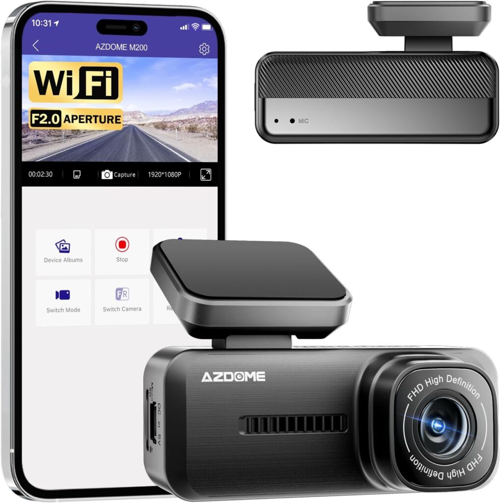 Azdome M200 Mini Dash Cam WiFi Dashcam, 1080P Front Dash Camera for Cars, Hidden Car Camera with 24H Parking Mode G-Sensor Night Vision, AZDOME APP, Loop Recording, Support 128GB Max, Easy to Install