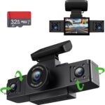 3 Channel 1080P Dash Cam Front and Inside Left/Right, Free 32G Card, Dash Camera Loop Recording, Triple Camera for Cars 24 Hours/7 Parking Monitor, Wide Angle, IR Night Vision, with G-Sensor, Black