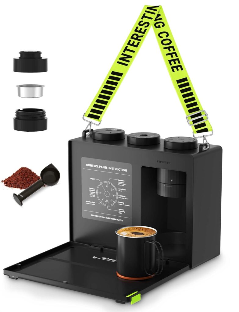 Candy Portable Espresso Machine with Strap, 3 in 1 Coffee Maker, One-Touch Operation, Rechargeable Cold Brew Up to 60 Cups, for Ground, Ideal for Camping, RV & Outdoor, Home, Heating in Plug-in Mode