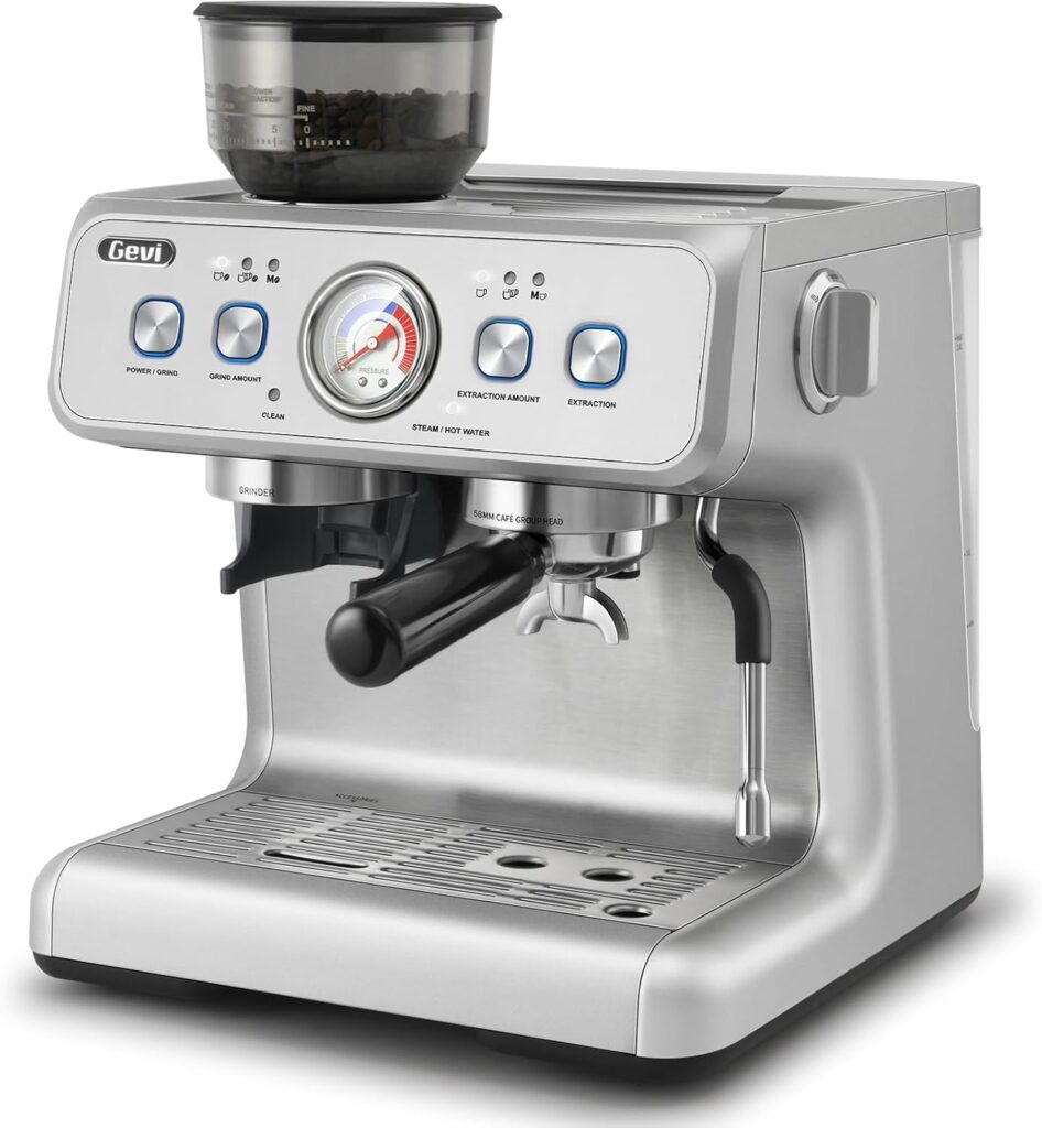Gevi Dual Boiler Espresso Machine with Built-in Grinder, 58mm Commercial Portafilter, Barista Steam Wand, 31 Grind Settings, Stainless Steel, for Home Barista Use, Sterling Silver