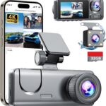 3 Channel Dash Cam Front and Rear Inside, Bulit a 32GB Card, Dash Camera for Cars,4K Full HD 2.0” IPS Screen Dashcam with G-Sensor, IR Night Vision, WDR, Loop Recording, 24H Parking Mode