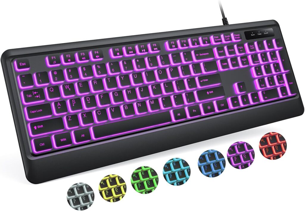 Backlit Computer Keyboards, Wired USB LED Keyboard with 7 Colors Backlight, Plug and Play, Waterproof, Full Size Quiet Computer Keyboard for Windows Desktop, PC, Laptop, Gaming