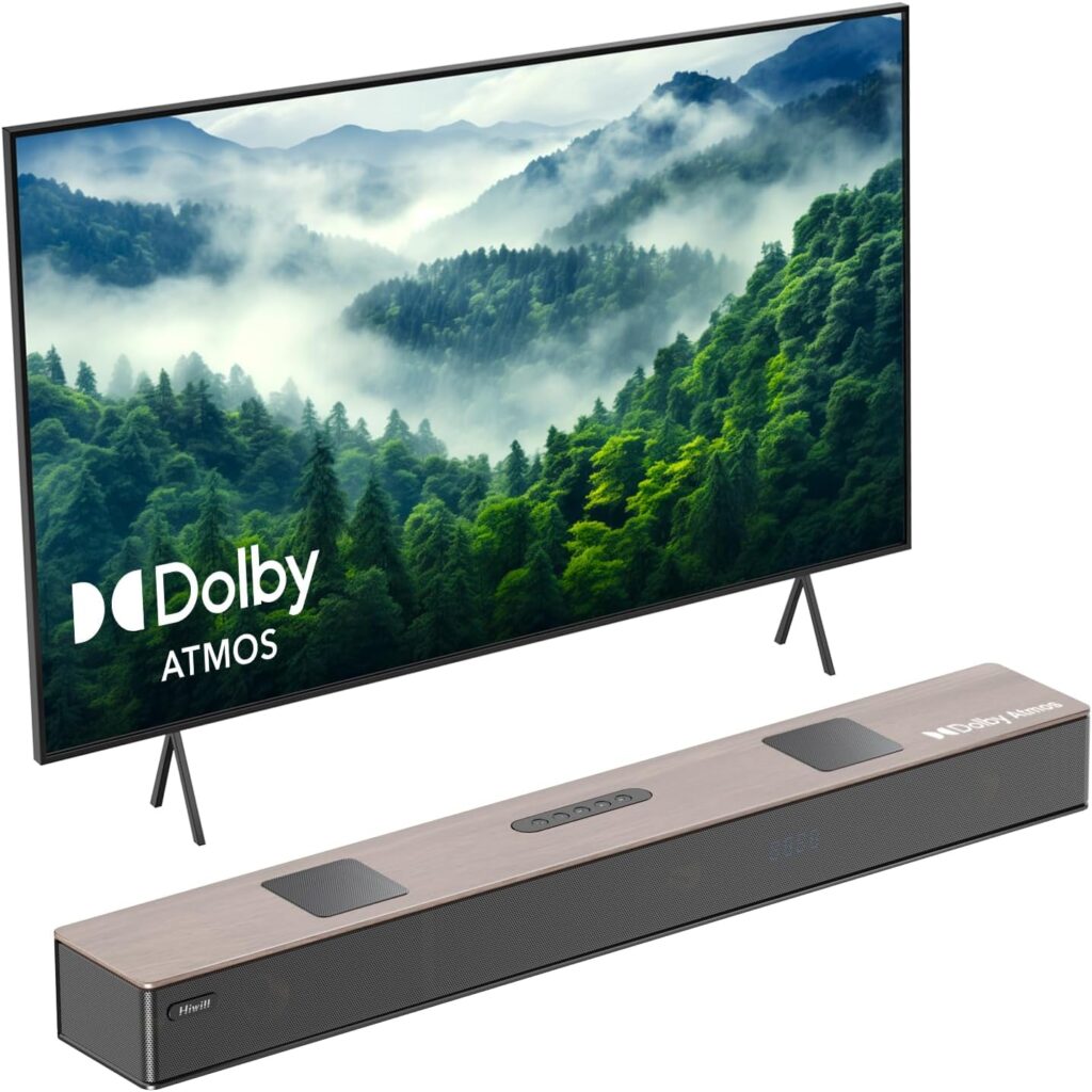 Hiwill Wooden 5.2.2ch Sound Bar with Dolby Atmos 3D Spatial, All-in-one Sound Bar for Smart TV with Dual Built-in Subwoofer, 9 Drivers, 400W Surround Sound System for TV Soundbar Speaker, WoNoble A502