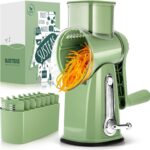 SUSTEAS Rotary Cheese Grater with Handle – Vegetable Shredder with 5 Well-designed Blades & Strong Suction Base,Round Mandoline Slicer & Food Chopper for Kitchen,with Blade Storage Box(Retro Green)