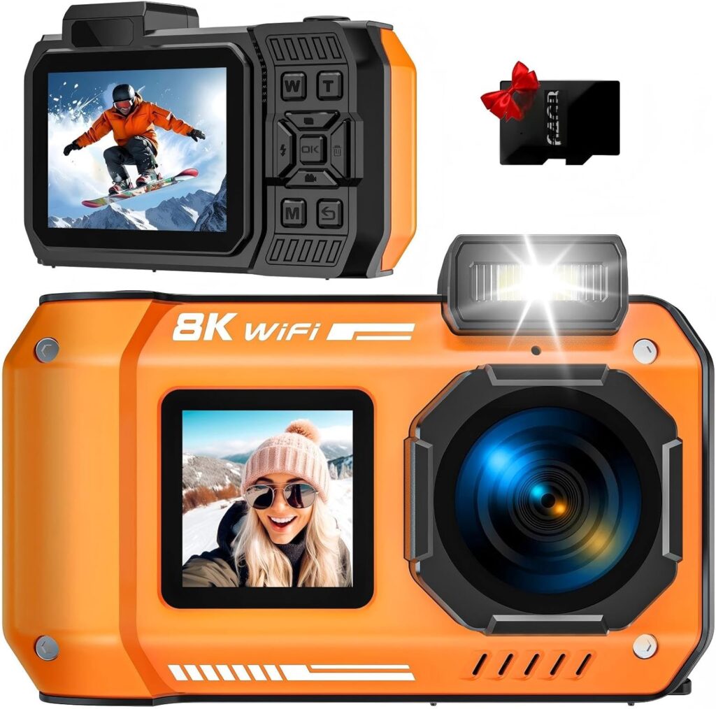 8K UHD 70MP WiFi Digital Camera with 64GB Card Rugged Waterproof Dustproof Shockproof 33FT Underwater Camera Dual-Screen Selfie for Snorkeling Autofocus Point and Shoot Digital Camera (Orange)