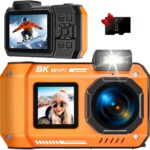 8K UHD 70MP WiFi Digital Camera with 64GB Card Rugged Waterproof Dustproof Shockproof 33FT Underwater Camera Dual-Screen Selfie for Snorkeling Autofocus Point and Shoot Digital Camera (Orange)