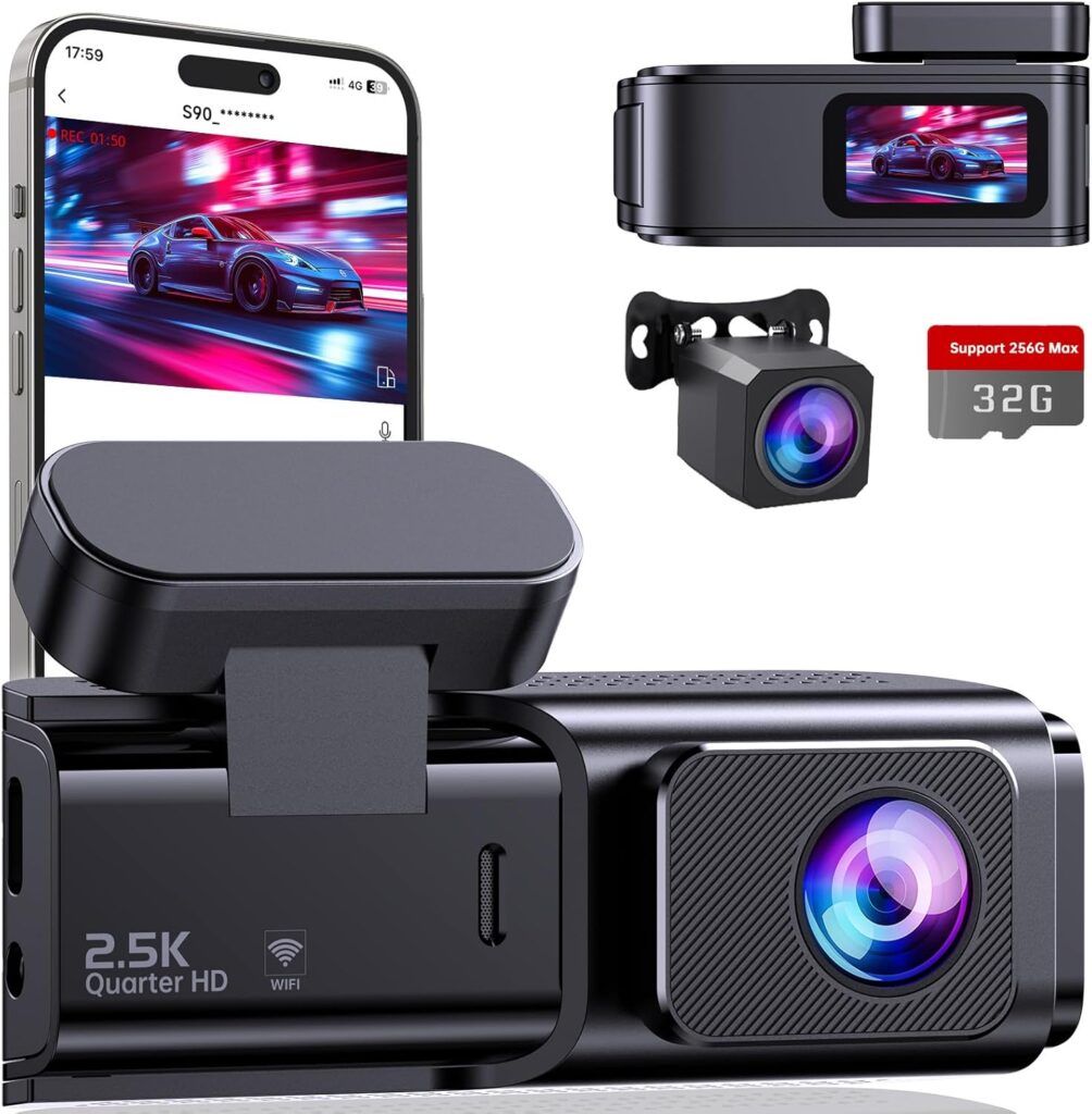 Dash Cam Front and Rear: 2.5K+1080P Dual Dash Camera for Cars, Ecomoment Car Camer with 1.47″ IPS Screen, Built-in Wi-Fi, 170° Wide Angle, Night Vision, G-Sensor, 24H Parking Mode, Included 32GB Card