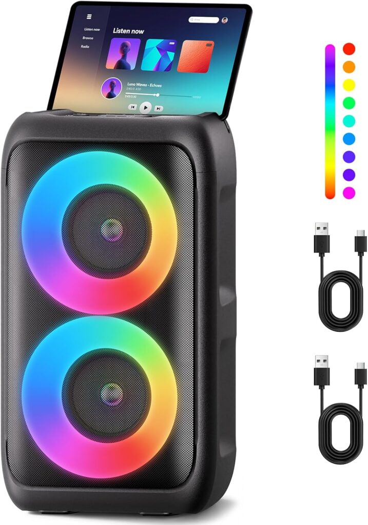 Bluetooth Speaker with 2 Rechargeable Wireless Microphone – Portable Party Speaker with Colorful Lights – Floorstanding Speakers Support TWS/AUX/USB/TF Card Ideal for Party,Home,Camping