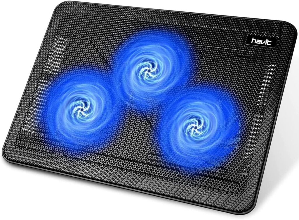 havit HV-F2056 15.6″-17″ Laptop Cooler Cooling Pad – Slim Portable USB Powered (3 Fans), Black/Blue