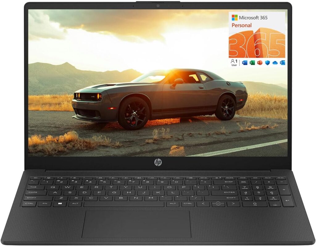 HP 15.6″ Portable Laptop (Include 1 Year Microsoft 365), HD Display, Intel Quad-Core N200 Processor, 16GB RAM, 128GB Storage, Wi-Fi 6, Webcam, HDMI, Numeric Keypad, Windows 11 Home, Black