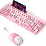Retro Wireless Keyboard with Round Keycaps, 2.4GHz Full-Size USB Cute Wireless Keyboard Mouse for Computer, Desktop, Laptop and Computer (Pink-Colorful)