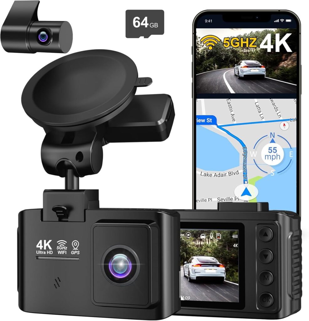 Dash Cam Front and Rear: 4K+2.5K Dual Channel Dash Cam-5GHz WiFi, GPS Dash Camera for Cars with 64GB Card, 2.0″ IPS Screen, App Control,G-Sensor,Loop Recording,170°Wide Angle,Night Vision,Parking Mode