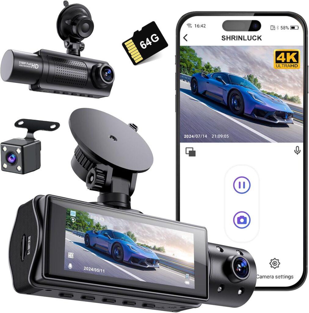 Miden X5 4K WiFi Dash Cam Front and Rear Inside, 2160P+1080P+1080P FHD 3 Channel Dash Camera for Cars, 360° All Sides Dashcam, Free 64G SD Card, G-Sensor, WDR, Night Vision, 24H Parking Monitor