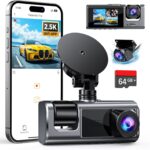 3 Channel WiFi Dash Cam Front and Rear Inside with 64GB SD Card, 2.5K+1080P+1080P Car Dash Camera for Cars Front and Rear, Dashcam with G-Sensor, Loop Recording, 24H Parking Mode, Support 512GB