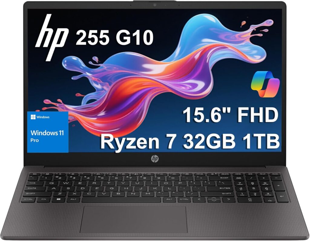HP 255 G10 Business Laptop (15.6″ FHD Anti-glare, AMD Ryzen 7 7730U (> Intel i7-1355U) 32GB RAM, 1TB SSD) for Home, Student, Military Grade, Webcam w/Shutter, Numeric Keypad, Wi-Fi 6, Win 11 Pro