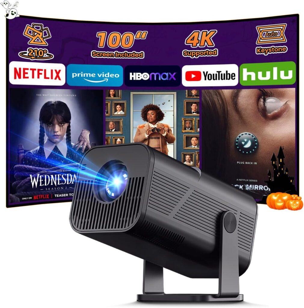 Mini Projector with WiFi and Bluetooth, 4k Support Portable Outdoor Projector, 200 ANSI Lumens, Smart Projector with Android, Built-in App Movie Proyector for Home Theater, Camping, Gaming