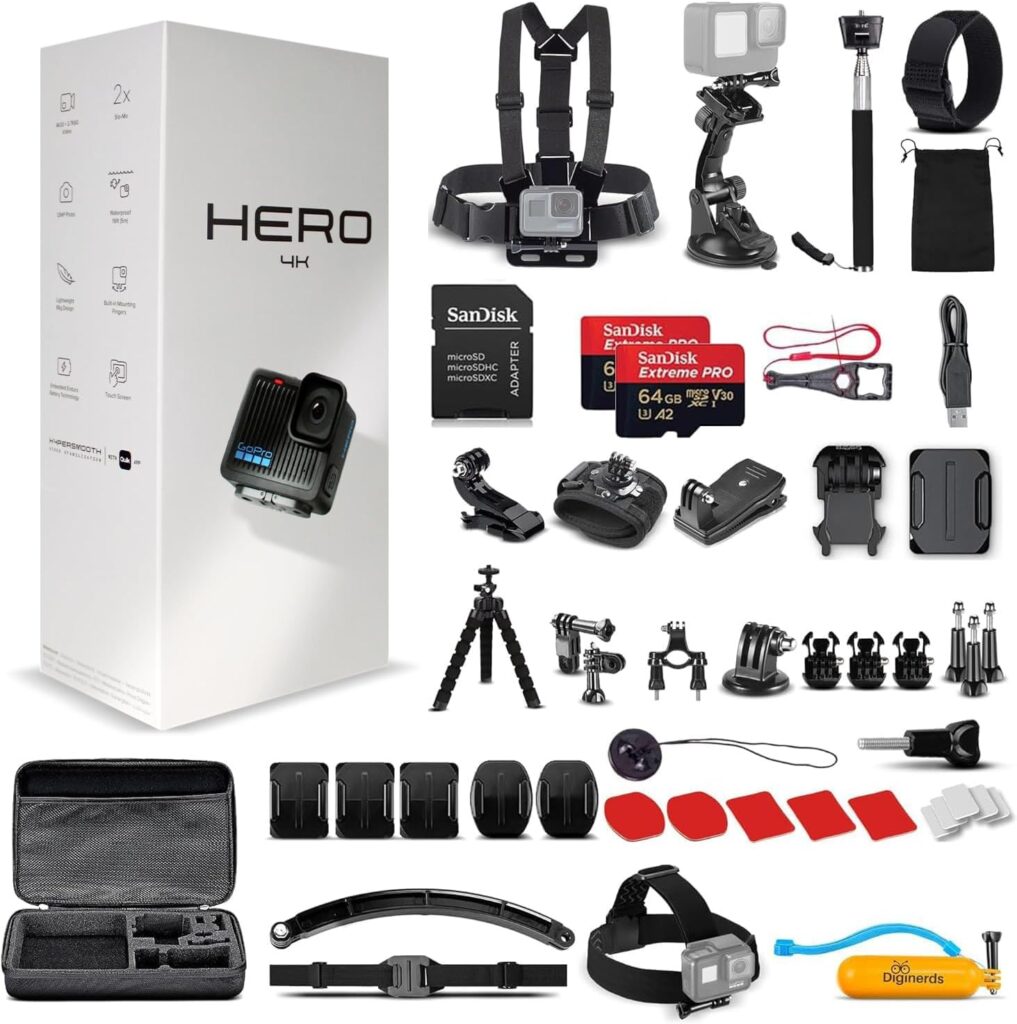 GoPro Hero (Go Pro Hero) Black Compact – Waterproof Action Camera with 4K Ultra HD Video, 12MP Photos + 50-in-1 Accessory Kit + 2 X 64GB Card + More