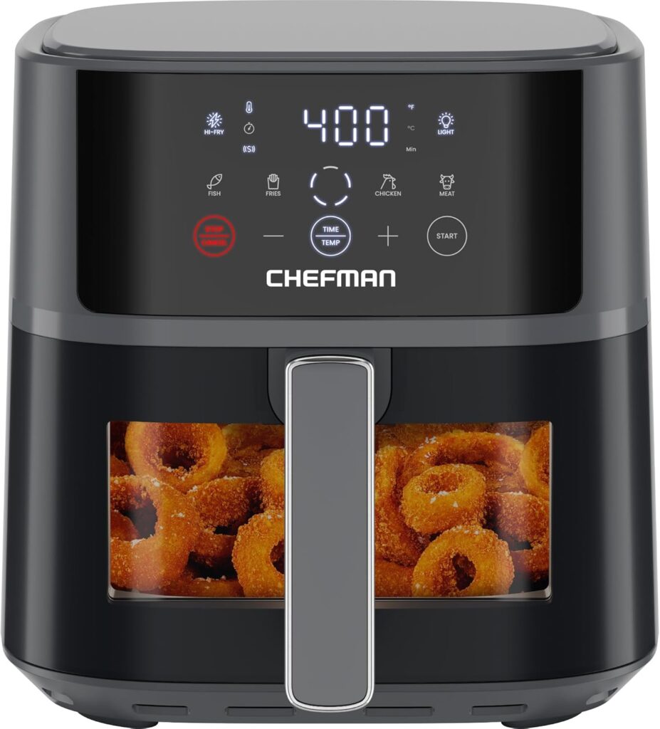 Chefman Air Fryer – 6 QT Compact Airfryer for Quick & Easy Meals, Features Hi-Fry Technology for Extra Crisp, Easy-View Window, Touch Controls with 4 Presets, Nonstick & Dishwasher Safe Basket – Grey