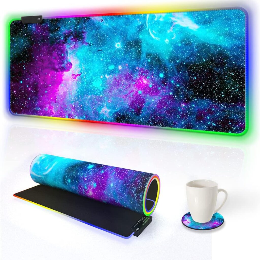AIMSA RGB Gaming Mouse Pad Extended, Large Led Mousepads Non-Slip Rubber Base with 14 Lighting Modes, Computer Keyboard Mat Soft Desk pad Waterproof 35.4 x 15.8 inches, Galaxy Nebula Universe
