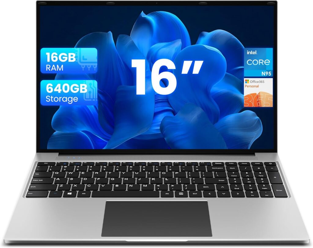 jumper 16 Inch Laptop, 4-Core N95 Processor, Up to 3.4Ghz, 16GB RAM, 640GB Storage,1200p FHD IPS Display, Windows 11 Computer, Office 365 1-Year Subscription, WiFi-6, 38Wh Battery.
