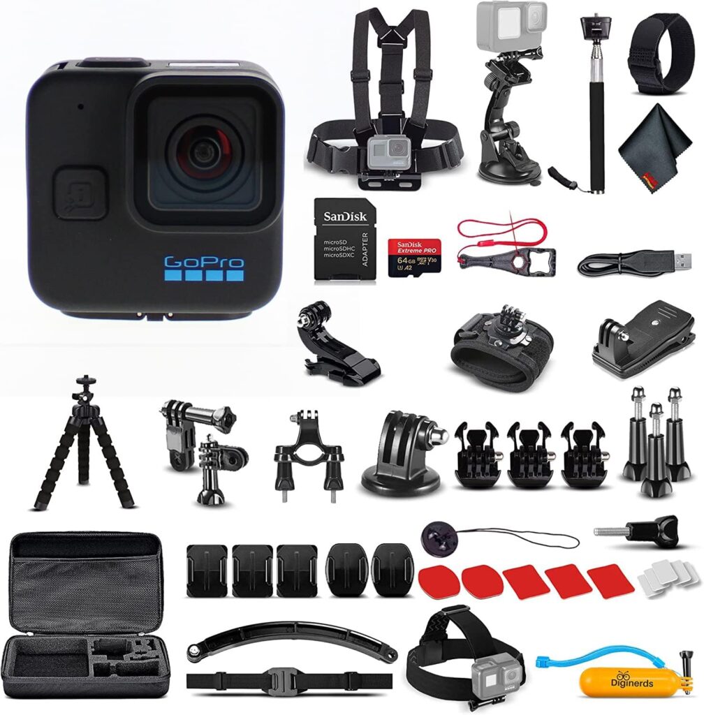 GoPro HERO11 (Go Pro Hero11) Black Mini – Waterproof Action Camera with 5.3K Ultra HD Video, 24.7MP Photos, 1/1.9″ Sensor, Stabilization + 50-in-1 Accessory Kit + 64GB Card + More