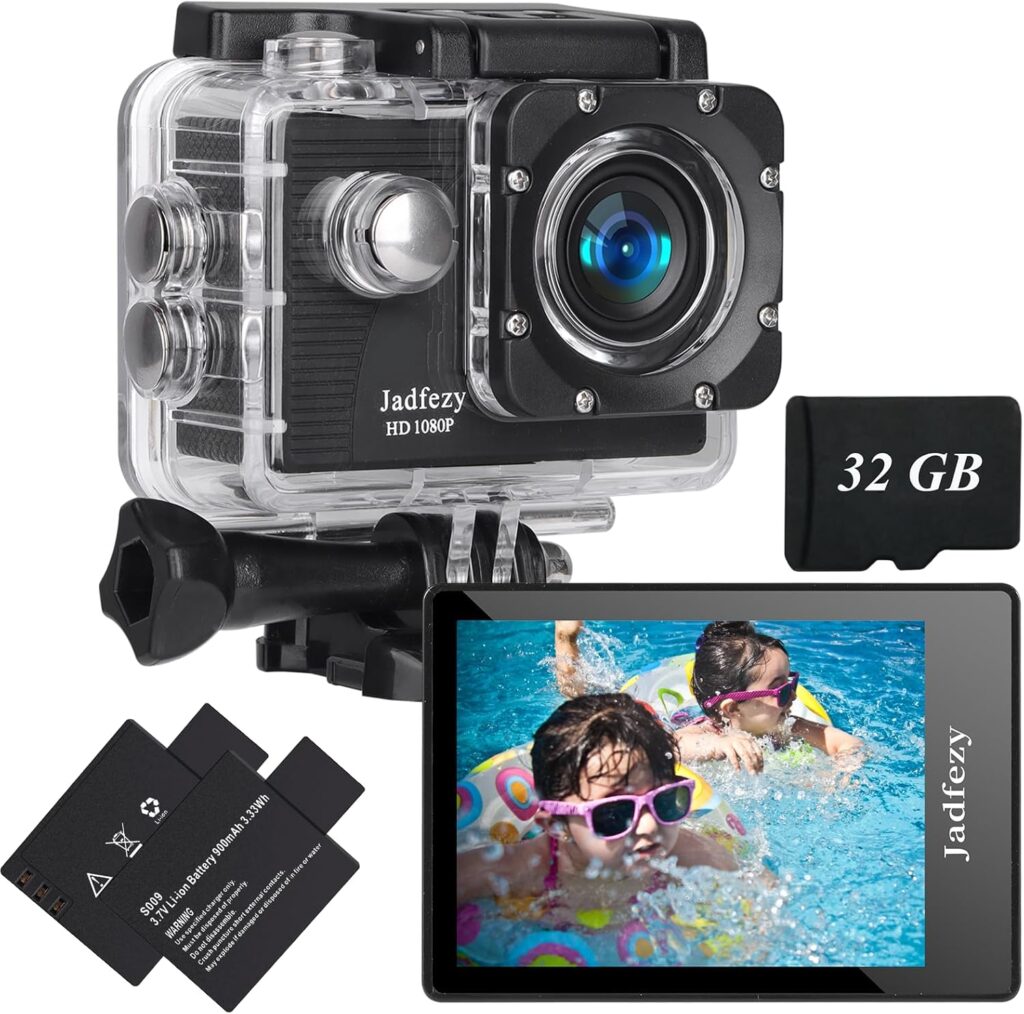 Action Camera FHD 1080P with 32GB Card, 98FT/30M Underwater Waterproof Camera with 2 Rechargeable Batteries, Wide Angle Sports Camera with Accessories Kit Suitable for Helmet, Bicycle, etc.